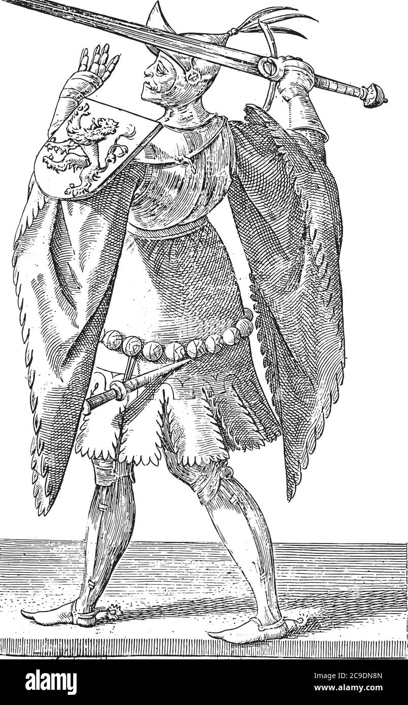 Conte Floris IV d'Olanda, ritratto a tutta lunghezza, con spada sollevata, pugnale e l'arma di un leone che sale. Numerato 5, incisione vintage. Illustrazione Vettoriale