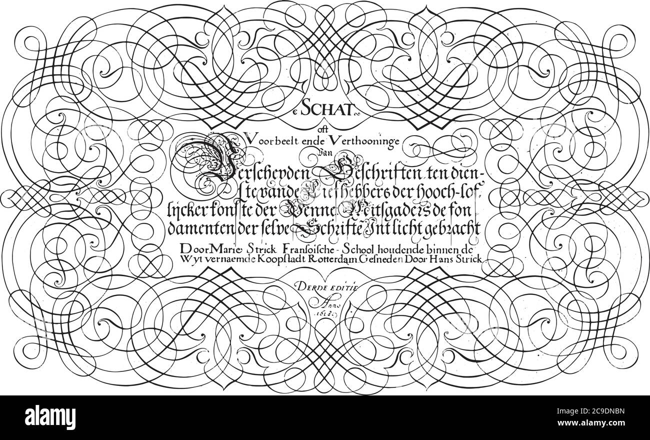 Stampa del titolo per una serie di esempi calligrafici di scrittura, Hans Strick, 1618, il titolo in calligrafia all'interno di una cornice di ricci e moresken, vintage e. Illustrazione Vettoriale