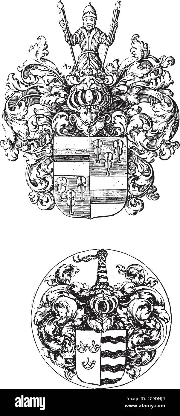Due armi, anonime, 1611 - 1711 due rappresentazioni su un foglio di album. In cima lo stemma di Cornelis Bicker, Signore di Swieten, annata it Illustrazione Vettoriale
