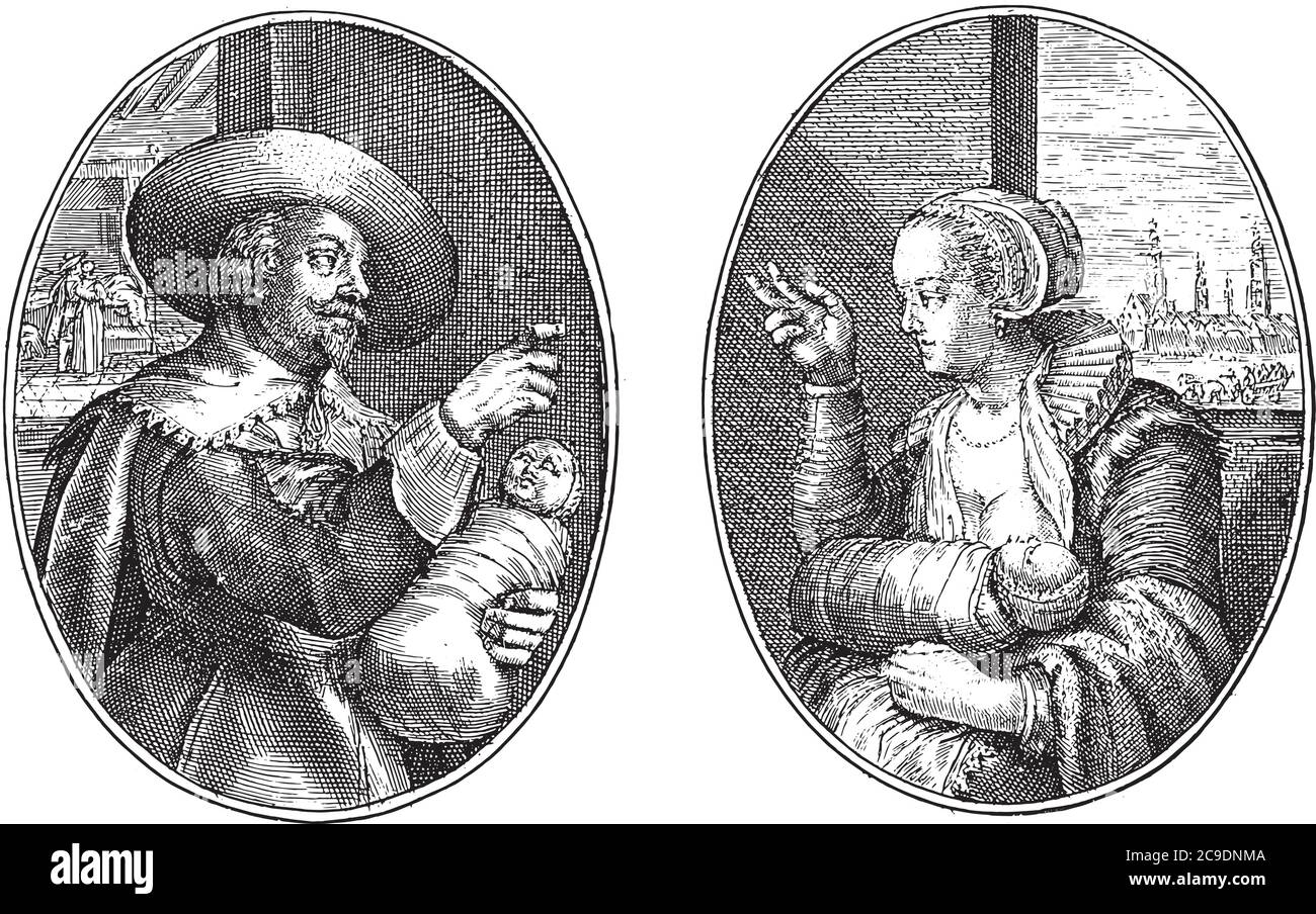 Due rappresentazioni su un foglio di album. A sinistra il ritratto immaginario di un mercante di Amsterdam. Ha un bambino in braccio e punta ad h Illustrazione Vettoriale