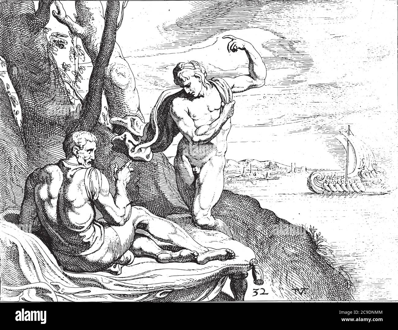 Minerva appare sotto la forma di Telemaco ad Odysseo, Minerva appare sotto la forma di un giovane principe o Telemaco ad Odysseo, incisione d'annata. Illustrazione Vettoriale