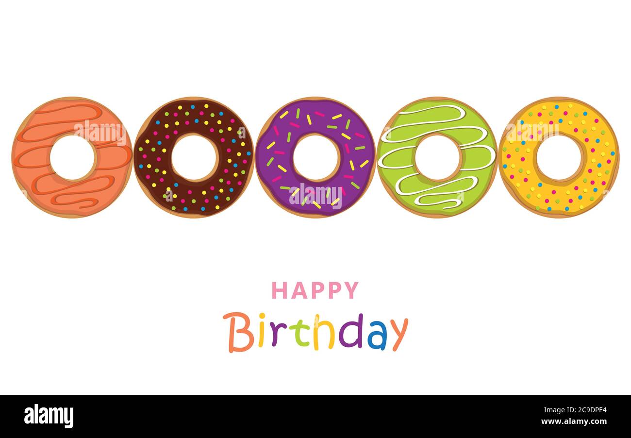 Buon biglietto di auguri di compleanno con ciambelle colorate e spruzzette vettore illustrazione EPS10 Illustrazione Vettoriale