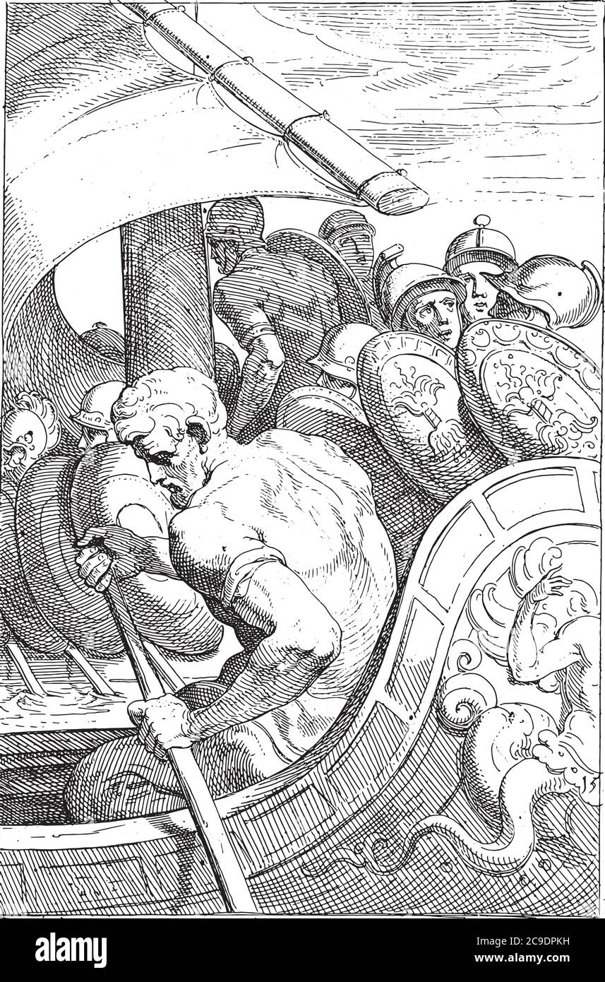 Navigazione di Odysseo, Teodoro van Thulden, dopo Francesco Primatico, dopo Nicolo dell'Abate, 1633 Odysseo e i suoi uomini, vestiti di armatura, sulla Illustrazione Vettoriale