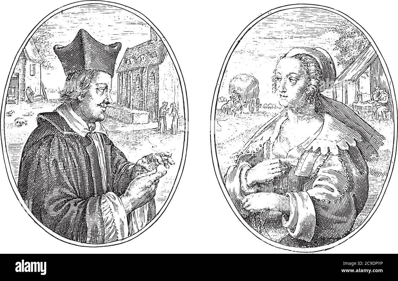 Due rappresentazioni su un foglio di album. A sinistra un ritratto immaginario di un pastore. Sullo sfondo un cortile e un edificio della chiesa. Il pastore è parlare Illustrazione Vettoriale