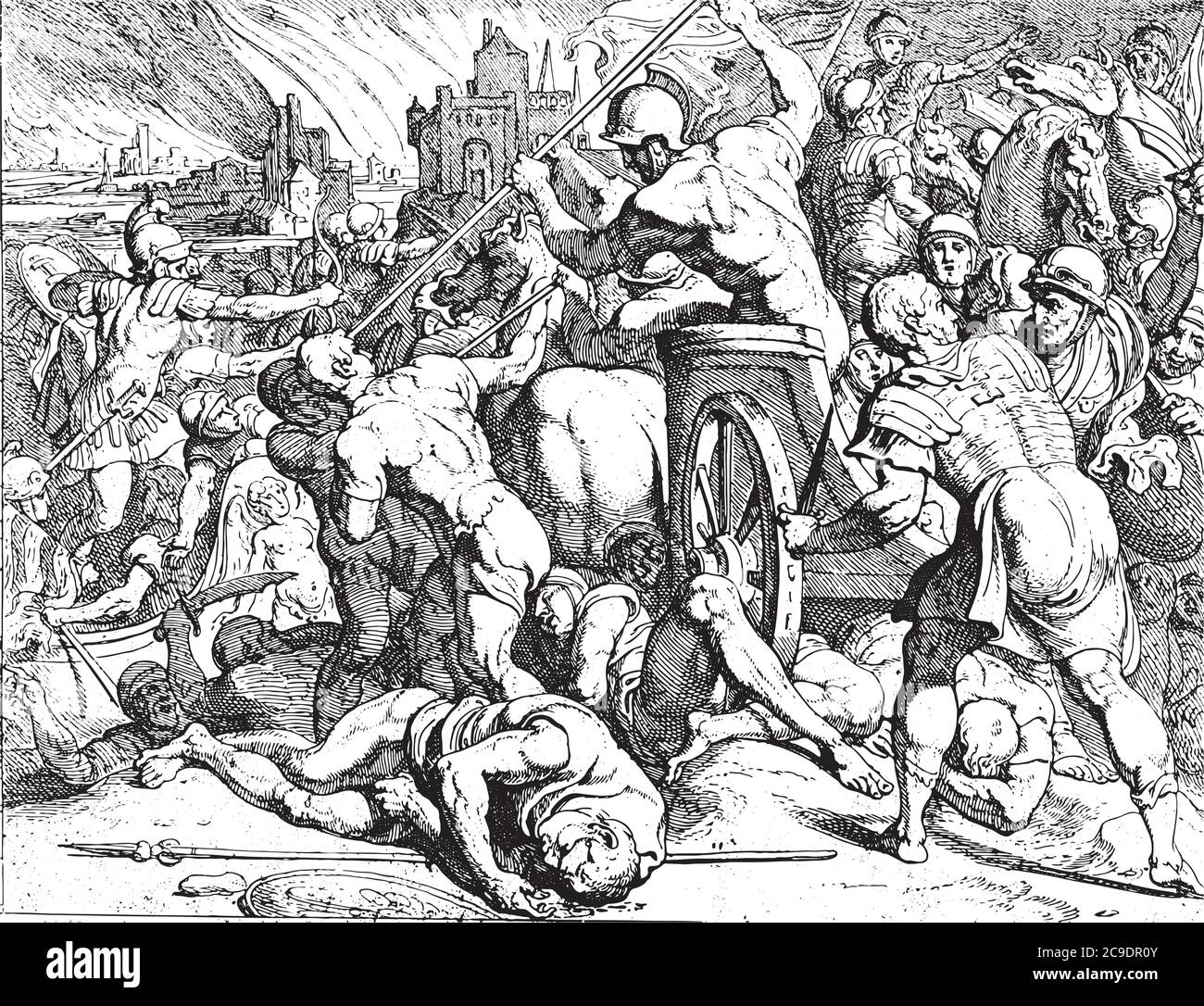 Odysseus combatte con i Kikonen, arrivando sull'isola di Ismarus, i Kikones macellano Odysseo e i suoi uomini e hanno messo la città sul fuoco, engler vintage Illustrazione Vettoriale