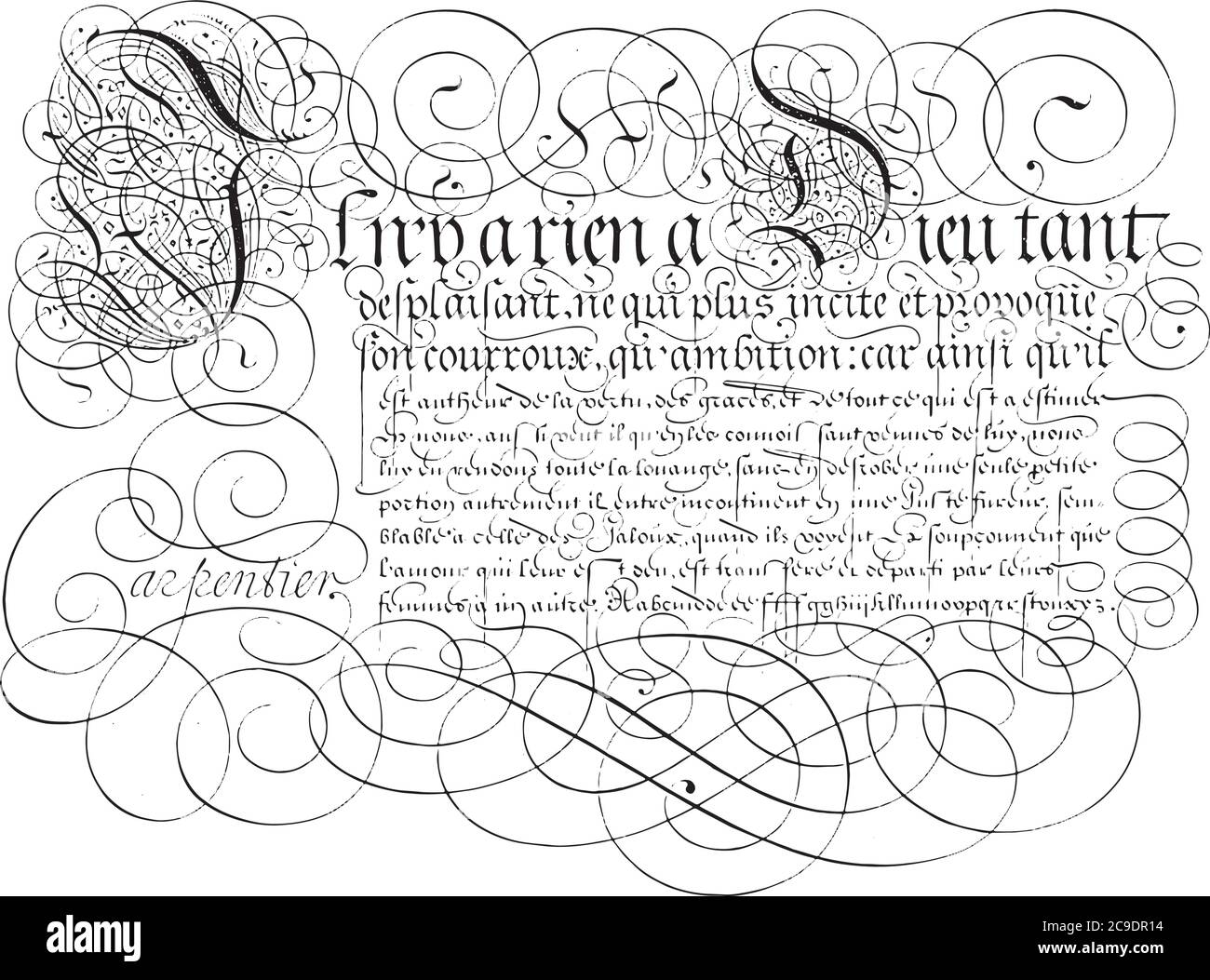 Esempio di scrittura con il testo, in una cornice. Il testo contiene due lettere maiuscole decorate: I e D, incisione d'annata. Illustrazione Vettoriale