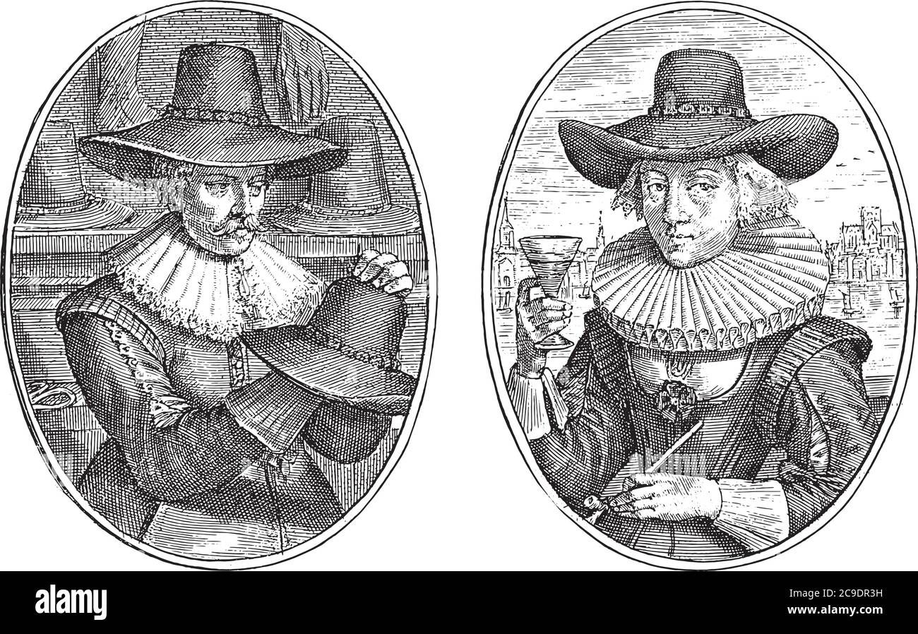 Due scene su una pagina di album. A sinistra il ritratto immaginario di un mercante londinese, tra cui due quatrine in olandese, incisione d'annata. Illustrazione Vettoriale