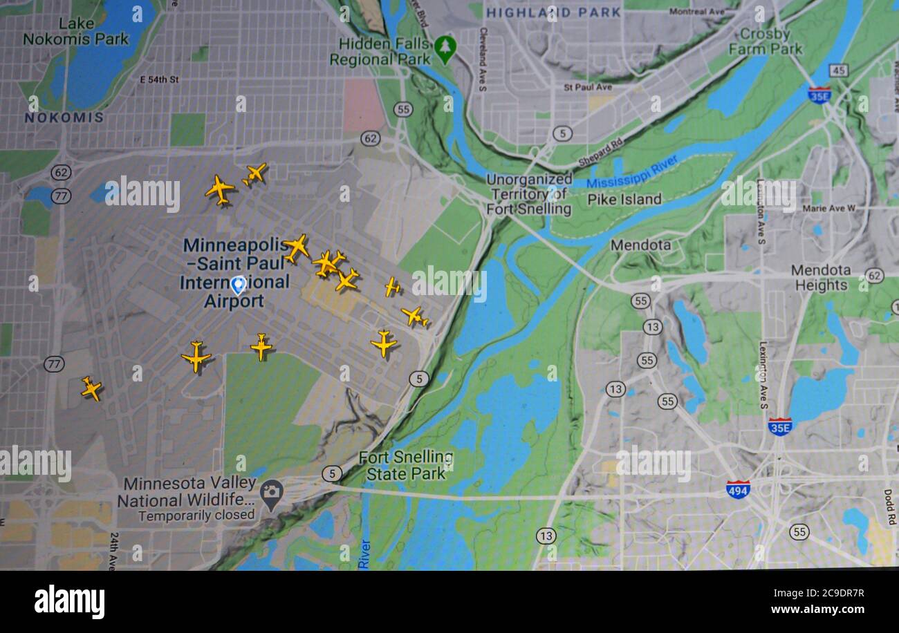 Traffico aereo sull'aeroporto di Minneapolis-Saint Paul !30 luglio 2020, UTC 16.11) su Internet con il sito Flightradar 24, durante il Coronavirus Pandemic Foto Stock