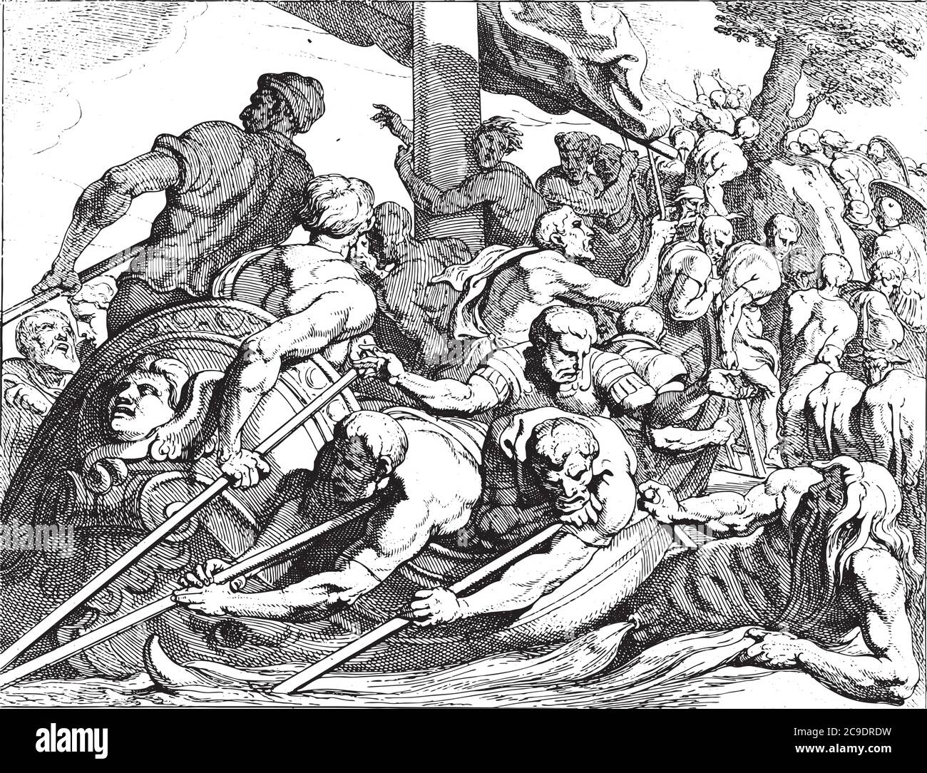 Odysseo arriva al mondo sotterraneo, le navi di Odysseo e i suoi uomini gemono prima di Odysseo scenderanno nel mondo sotterraneo, incisione vintage. Illustrazione Vettoriale