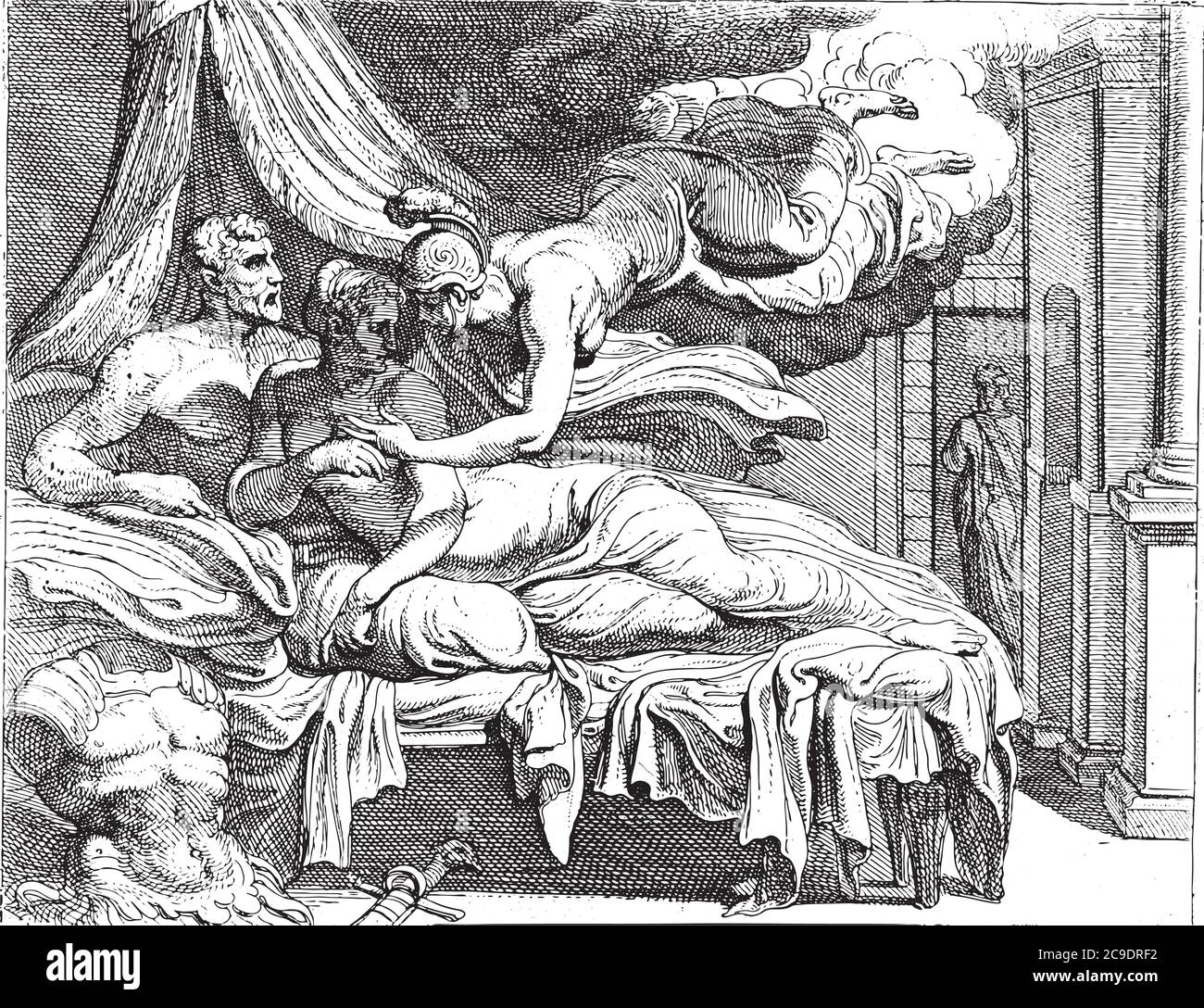 Minerva dissipa i dubbi di Penelope, Minerva appare a Penelope e la convince che l'uomo accanto a lei a letto è veramente Odysseus, incisione d'annata Illustrazione Vettoriale