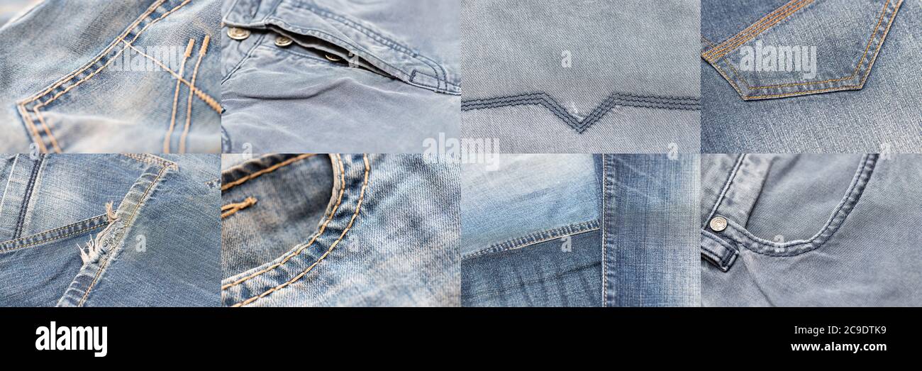 Set di otto texture blu denim Jeans indossato, sfondo, sfondo Foto Stock