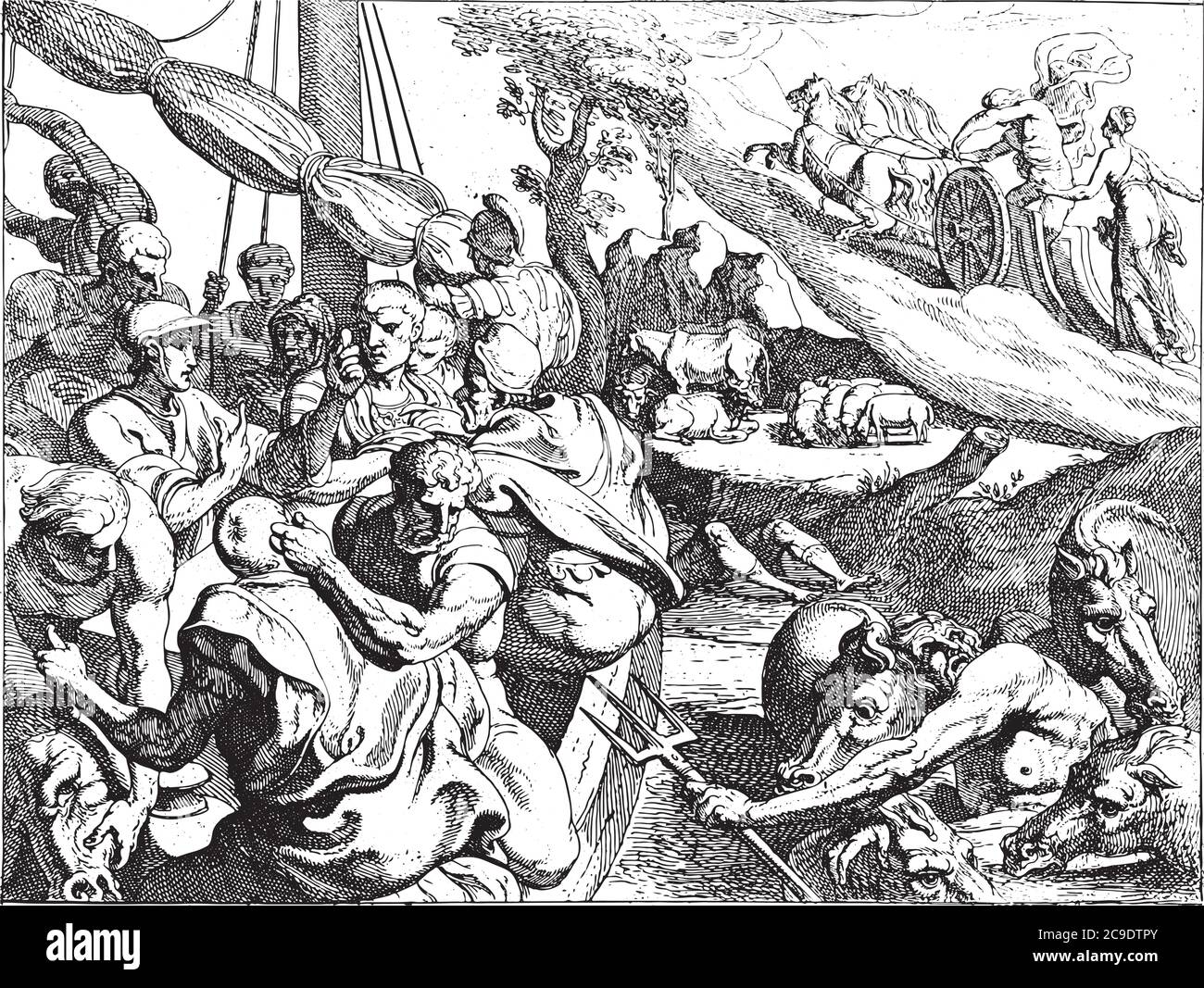 Bestiame di Helios, i compagni affamati di Odysseus macello uno dei bovini del dio del sole Helios a bordo, incisione d'annata. Illustrazione Vettoriale