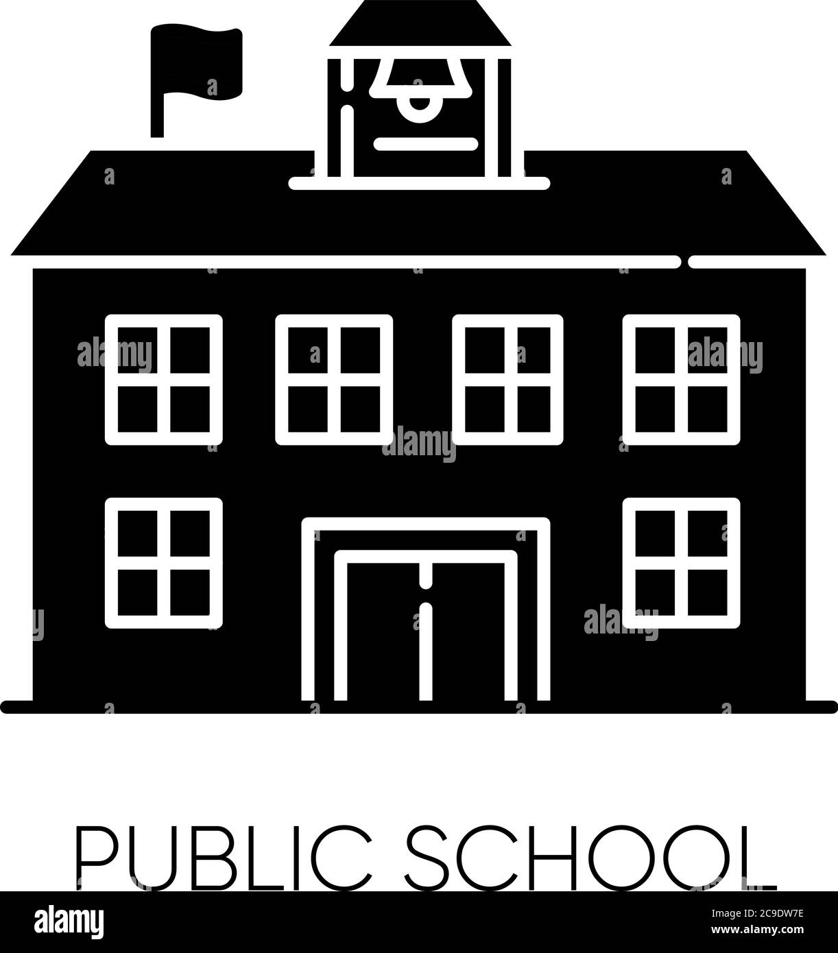 Icona glifo nero della scuola pubblica. Istituzione educativa finanziata dal governo. Simbolo della silhouette accademica gratuita sullo spazio vuoto. Scuola statale, c. Illustrazione Vettoriale