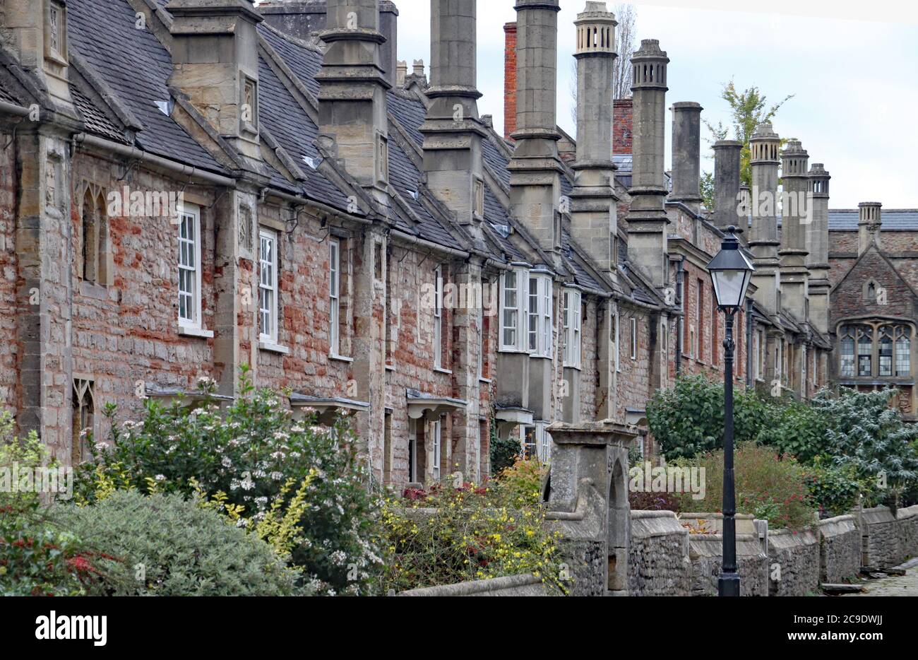 La terrazza dei cottage di Vicar's Close a Wells, Somerset Foto Stock