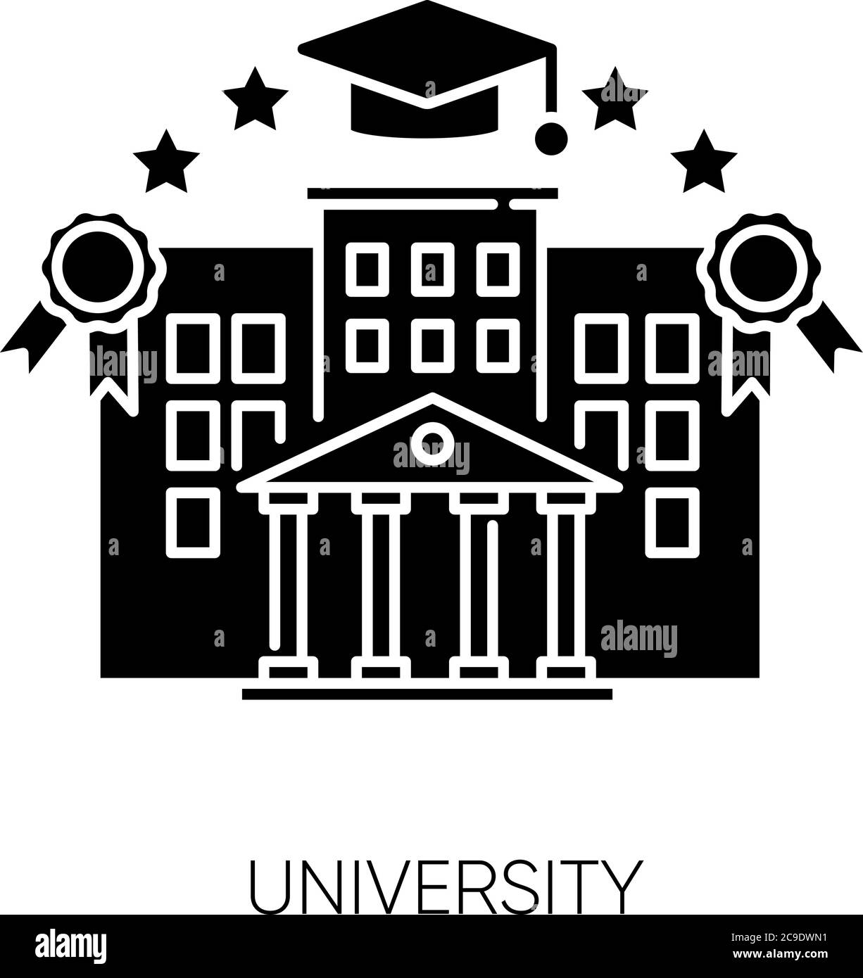 Icona di glifo nero dell'università. Istruzione superiore, simbolo della silhouette dello stile di vita degli studenti sullo spazio bianco. Istituzione accademica. Prestigioso college Cam Illustrazione Vettoriale