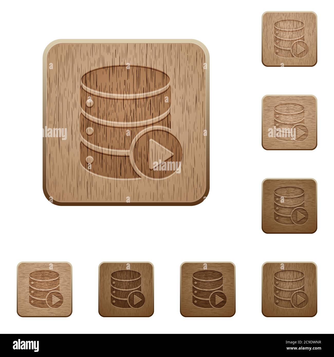 Database macro gioco su tondo quadrato intagliato stile bottoni di legno Illustrazione Vettoriale