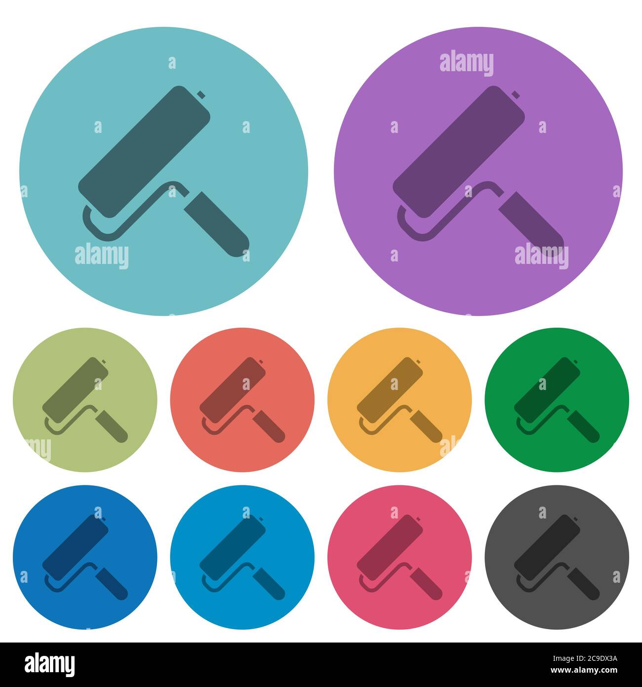 Rullo di vernice icone piatte più scure su sfondo rotondo di colore Illustrazione Vettoriale