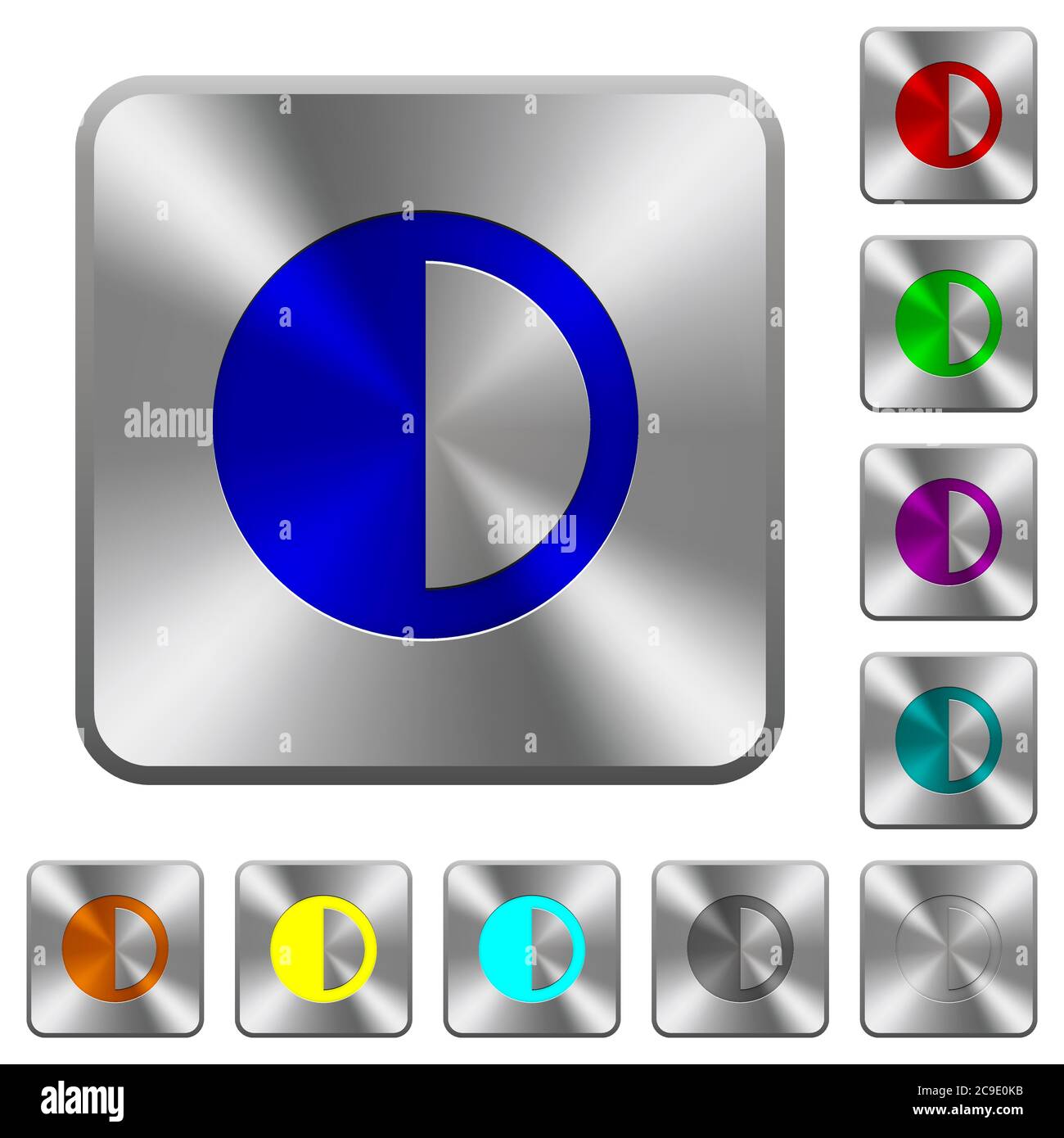 Icone incise sul controllo del contrasto su pulsanti arrotondati quadrati in acciaio lucido Illustrazione Vettoriale