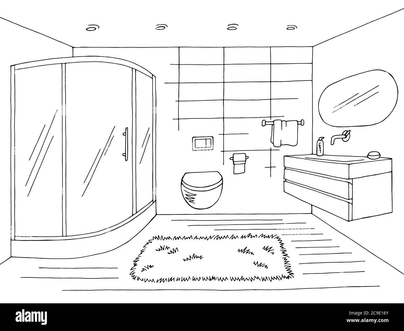 Bagno grafico interno casa nero bianco disegno vettore illustrazione Illustrazione Vettoriale