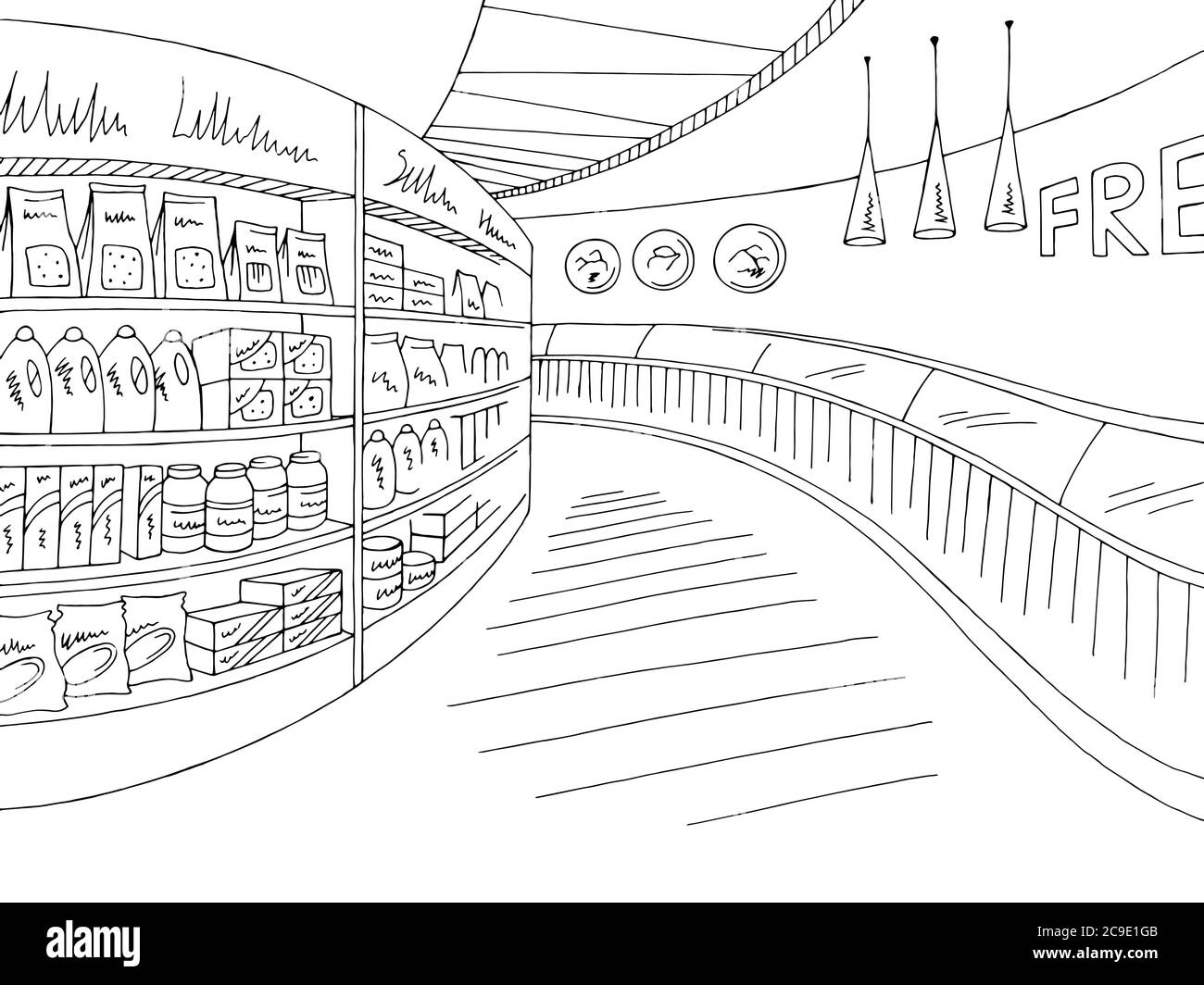 Negozio di alimentari interni nero bianco grafico disegno vettore illustrazione Illustrazione Vettoriale