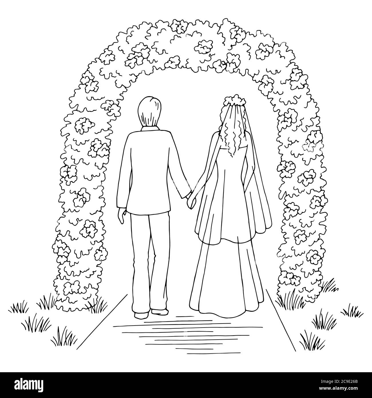 Matrimonio fiore arco grafico nero bianco disegno paesaggio illustrazione vettore Illustrazione Vettoriale