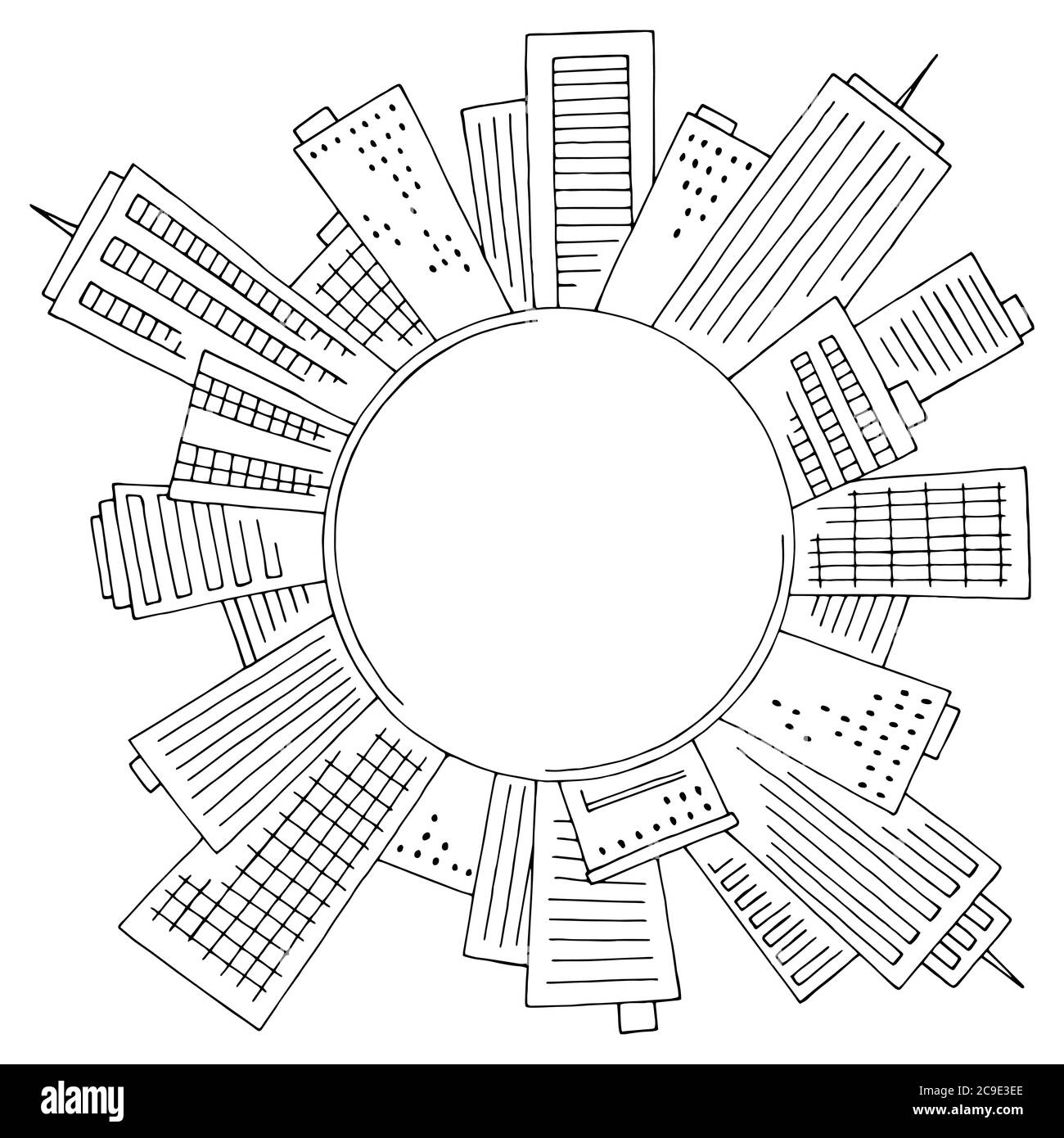 Centro rotondo della città grafica nero bianco skyline skyline disegno vettore illustrazione Illustrazione Vettoriale