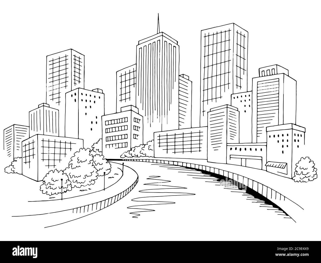 Città fiume grafica nero bianco città skyline schizzo illustrazione vettore Illustrazione Vettoriale