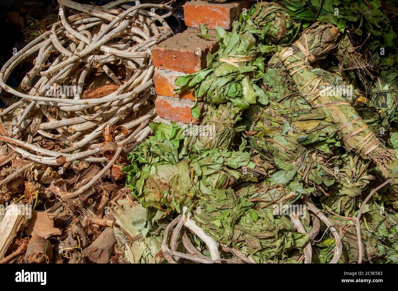 Rimedi erboristici e medicinali in vendita al mercato mattutino di Bamako, la capitale e la più grande città del Mali. Foto Stock
