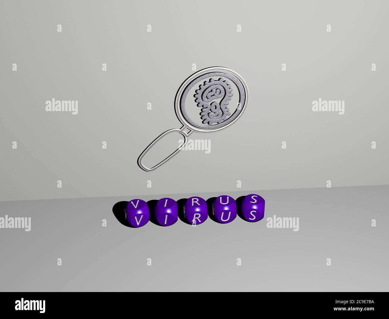 Rappresentazione in 3D DEL VIRUS con icona sulla parete e testo disposto da lettere cubiche metalliche su un pavimento a specchio per il significato concettuale e presentazione slideshow. Illustrazione e sfondo Foto Stock