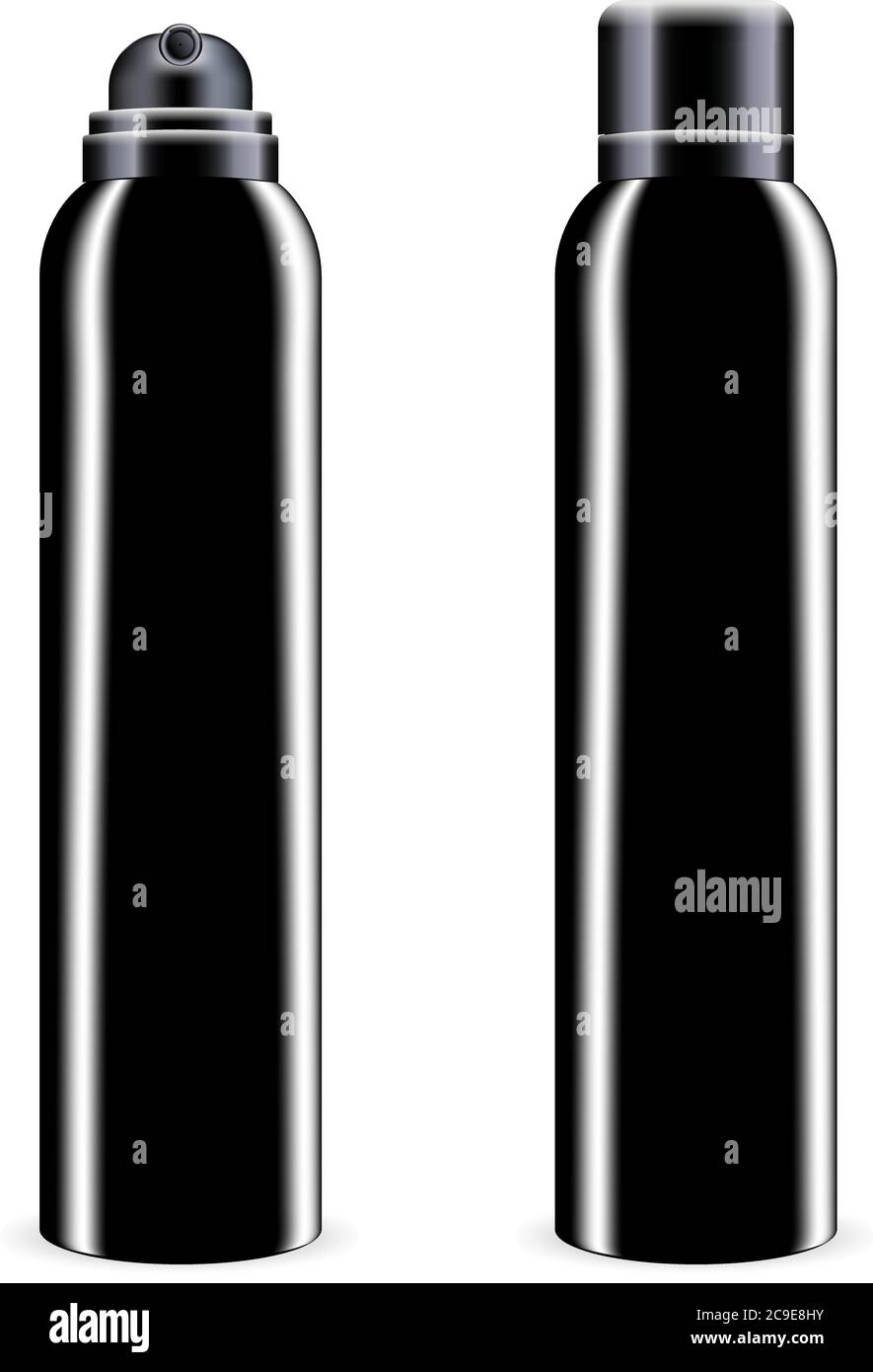 Bomboletta di metallo spray nero con coperchio. Deodorante antitraspirante o spray cosmetico può dima. Illustrazione del pacchetto vettoriale isolata in bianco Illustrazione Vettoriale