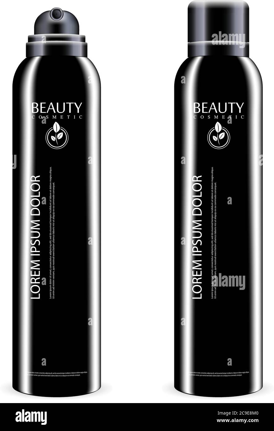 Bomboletta di metallo spray nero con coperchio. Deodorante antitraspirante o spray cosmetico può dima. Illustrazione del pacchetto vettoriale isolata in bianco Illustrazione Vettoriale