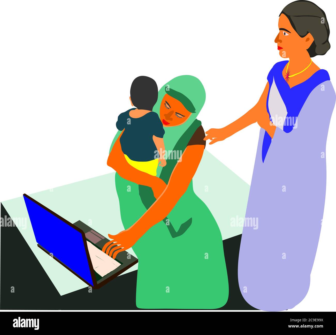 Una signora cartoon villaggio indiano che impara la tecnologia del computer con tenere il suo bambino piccolo sul giro a sfondo educativo isolato. Illustrazione Vettoriale