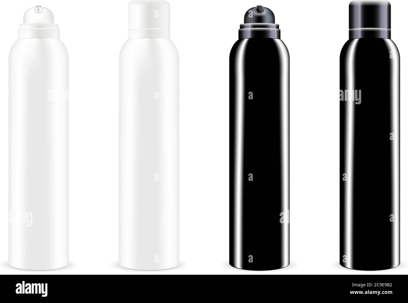 Set di flaconi in metallo spray nero e bianco con o senza coperchio. Deodorante antitraspirante o spray cosmetico può dima. Pacchetto vettore illus Illustrazione Vettoriale