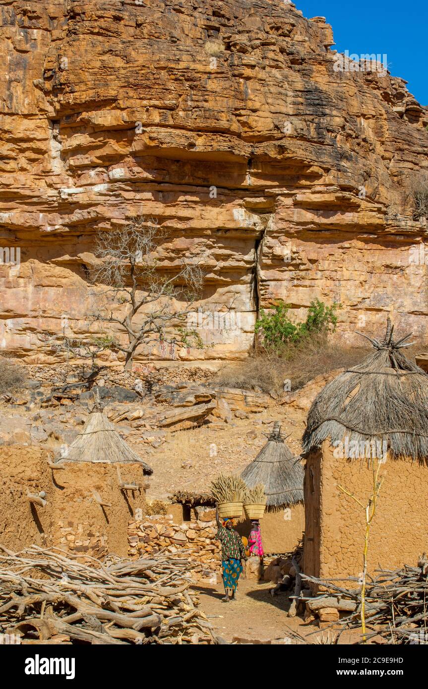 Una donna che porta un cesto con un miglio sulla testa nel villaggio di Dogon di Songho, nell'Escarpata di Bandiagara (patrimonio dell'umanità dell'UNESCO) nel Dogo Foto Stock