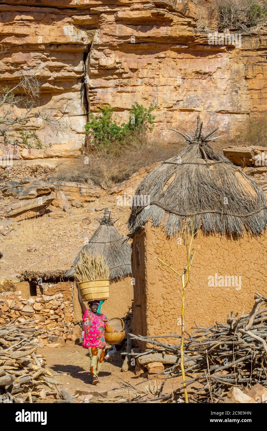Una donna che porta un cesto con un miglio sulla testa nel villaggio di Dogon di Songho, nell'Escarpata di Bandiagara (patrimonio dell'umanità dell'UNESCO) nel Dogo Foto Stock