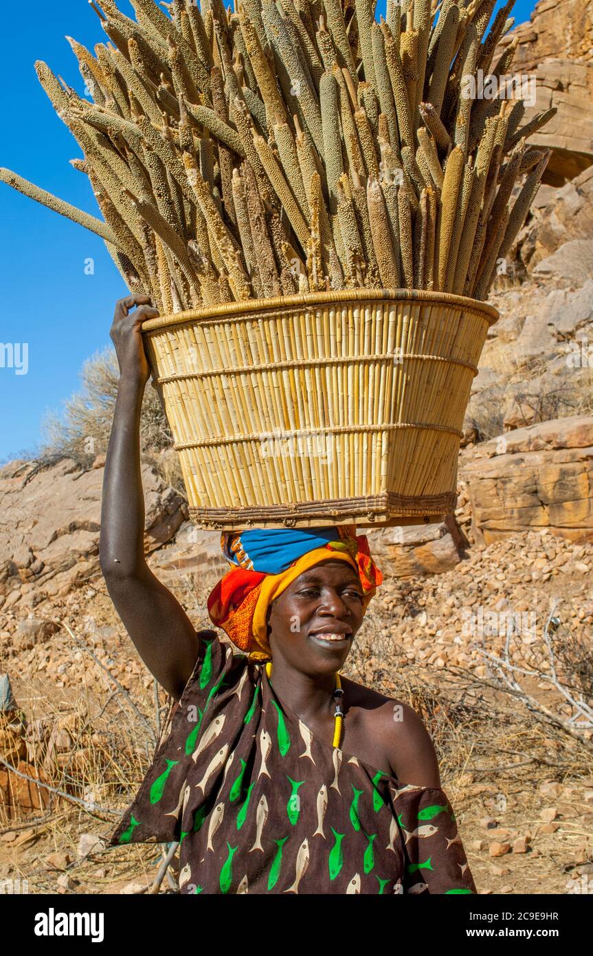 Ritratto di una donna che torna dal campo portando cesto con il miglio sulla testa al villaggio di Dogon di Songho nella scarpata di Bandiagara (ONU Foto Stock