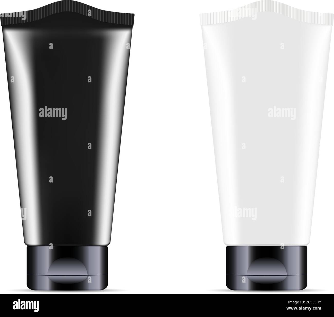 Set di tubi cosmetici per crema o unguento in bianco e nero con coperchio a colori nero. Illustrazione realistica del pacchetto mockup vettoriale. Cosmetici o medicina Illustrazione Vettoriale