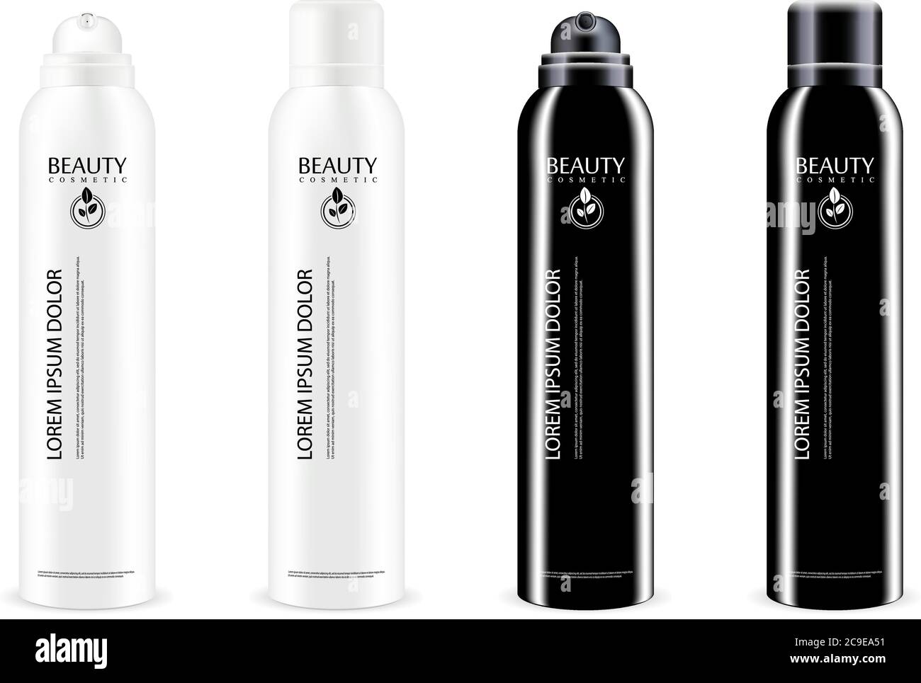 Set di flaconi in metallo spray nero e bianco con o senza coperchio. Deodorante antitraspirante o spray cosmetico può dima. Pacchetto vettore illus Illustrazione Vettoriale