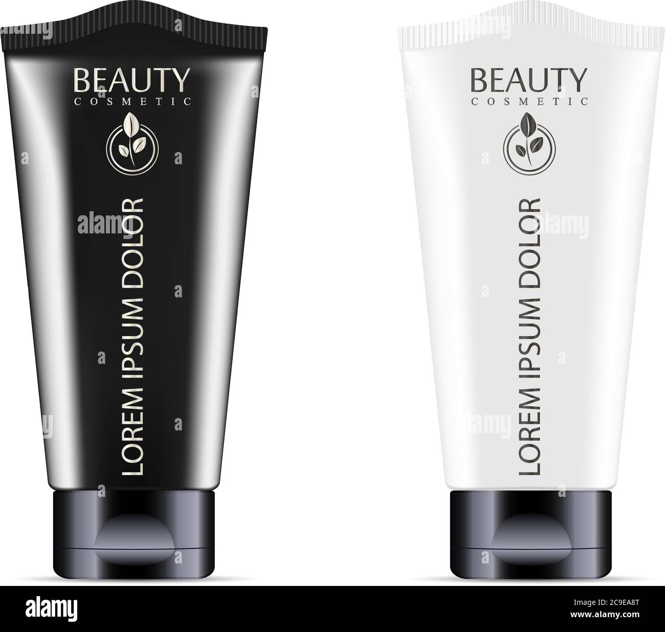 Set di tubi cosmetici per crema o unguento in bianco e nero con coperchio a colori nero. Illustrazione realistica del pacchetto mockup vettoriale. Cosmetici o medicina Illustrazione Vettoriale