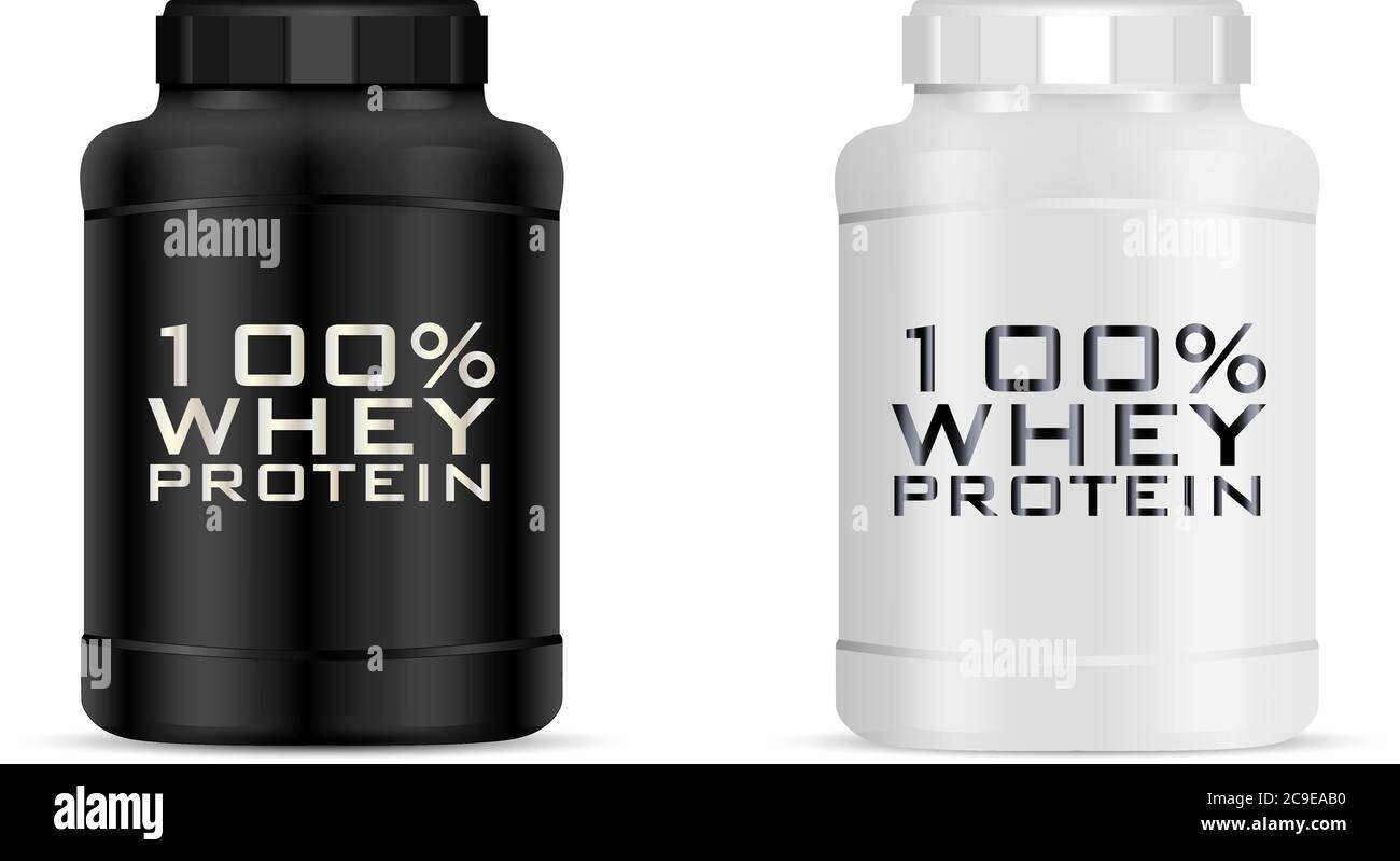 Grande sport nutrizione vaso Set illustrazione vettoriale. Flaconi di proteine con coperchio sfaccettato. Lattine nere e bianche isolate su sfondo. Illustrazione Vettoriale