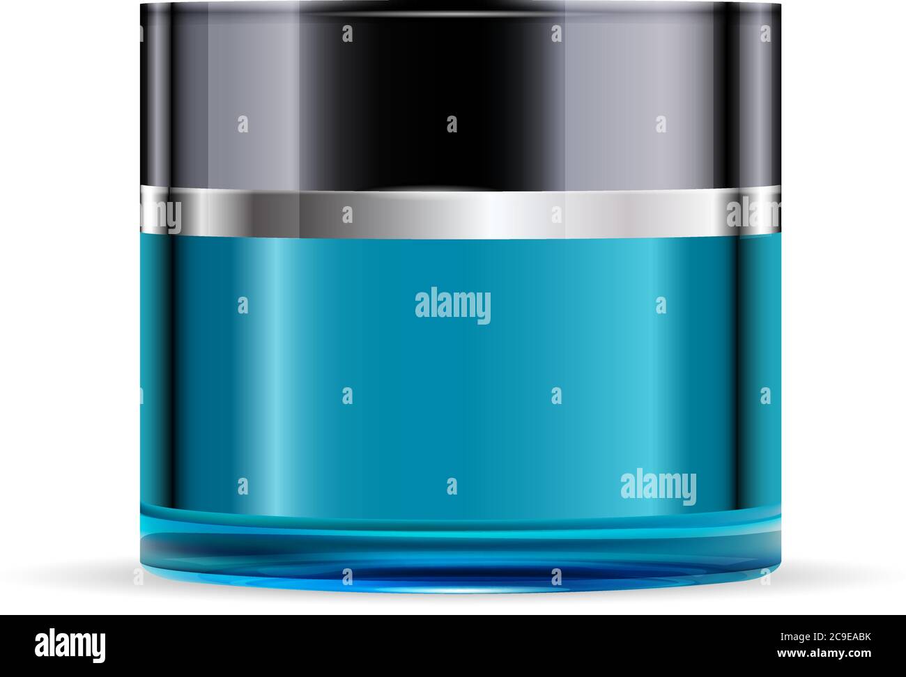 Vaso rotondo in vetro blu con coperchio in plastica lucida nera per cosmetici - crema corpo, gel, burro, sale da bagno, cura della pelle, polvere. Confezione realistica mockup t Illustrazione Vettoriale