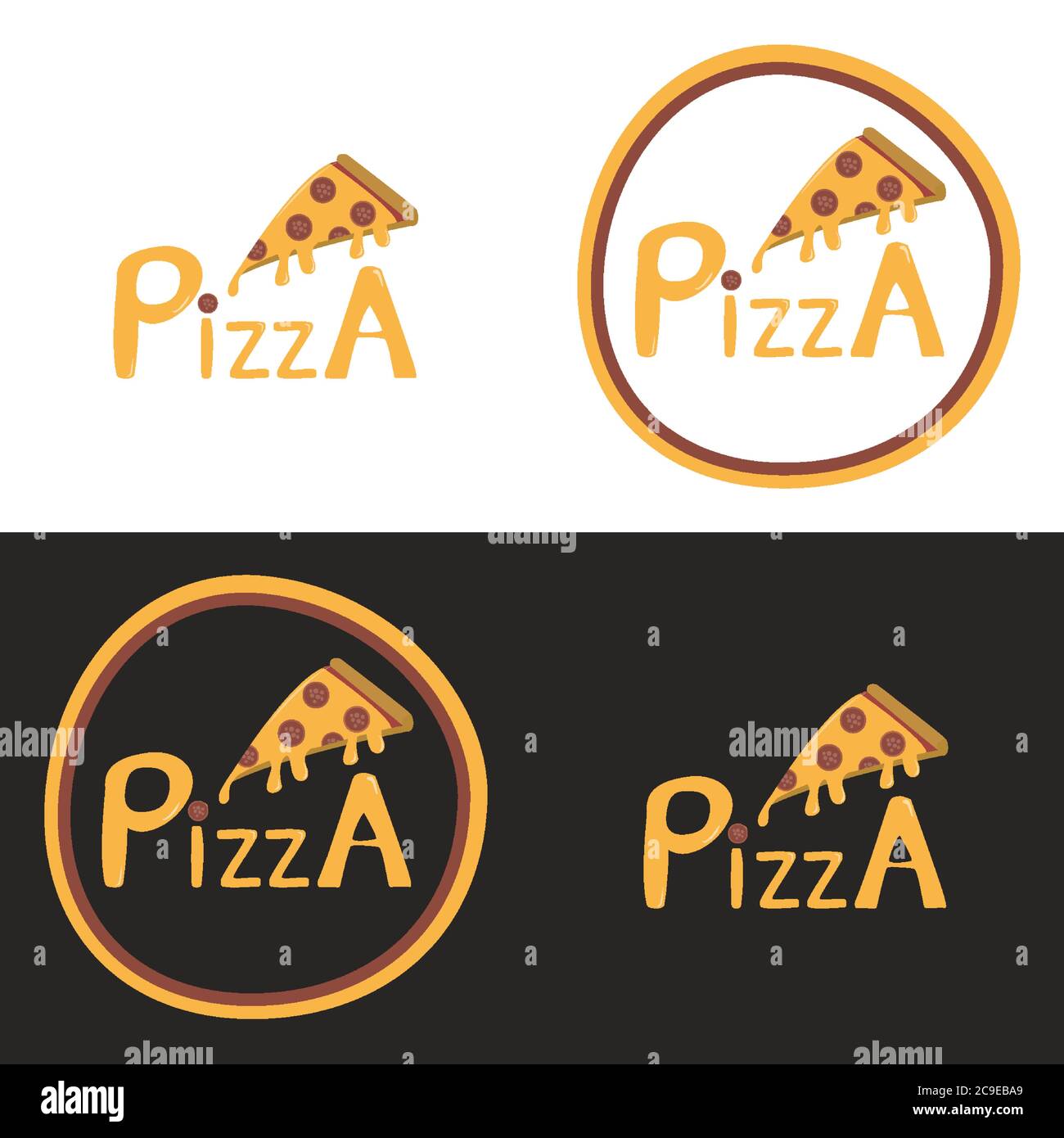 Pizza con emblema di etichetta con il logo della fetta fusa. Immagine vettoriale del logotipo retrò grunge isolato su sfondo bianco e nero Illustrazione Vettoriale