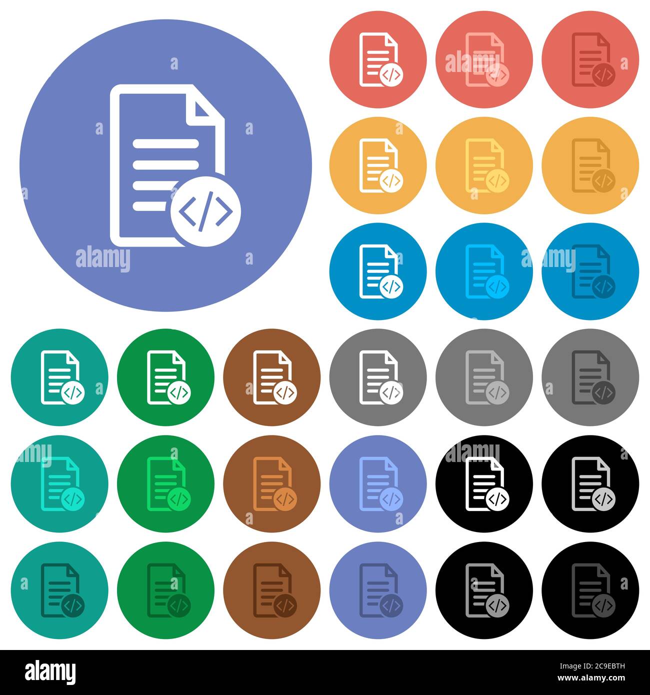 Il codice sorgente documenta icone piatte multicolore su sfondi rotondi. Sono incluse variazioni delle icone bianche, chiare e scure per gli effetti di stato attivo e del passaggio del mouse Illustrazione Vettoriale