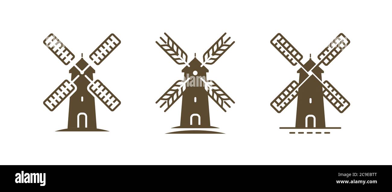 Logo o simbolo del mulino a vento. Agricoltura, panificio, fattoria, concetto di cibo Illustrazione Vettoriale