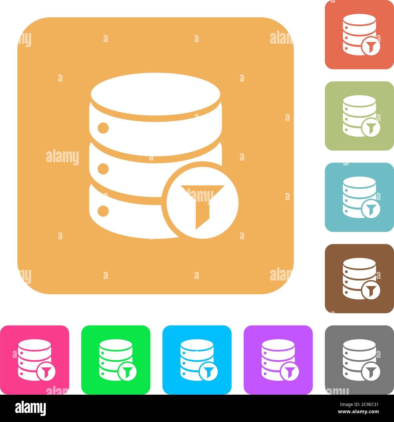 Filtro database icone piatte su sfondi quadrati arrotondati dai colori vivaci. Illustrazione Vettoriale