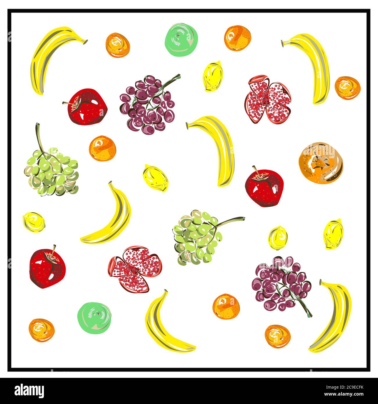 Modello, un insieme di frutta fresca. Immagine isolata di frutta su sfondo bianco. Illustrazione Vettoriale