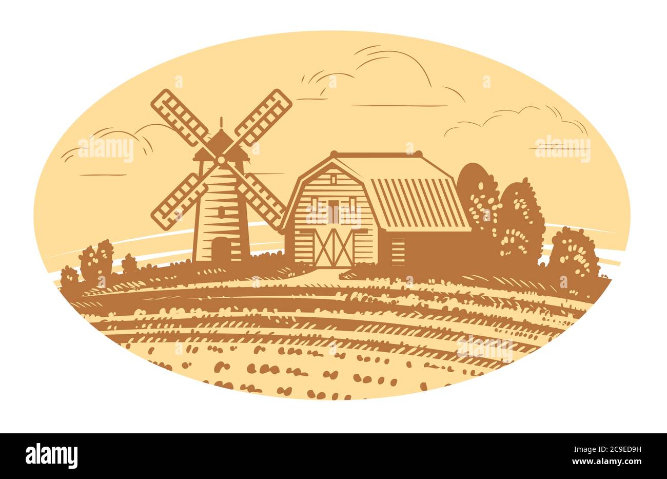 Disegno paesaggio rurale. Azienda agricola, agricoltura, concetto di cibo Illustrazione Vettoriale