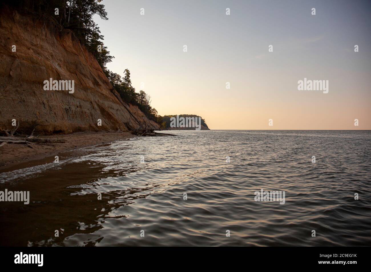 Immagine paesaggistica delle famose scogliere di Calvert, tratta dal Calvert Cliffs state Park. L'immagine mostra le ripide scogliere con la foresta in cima. Foto Stock