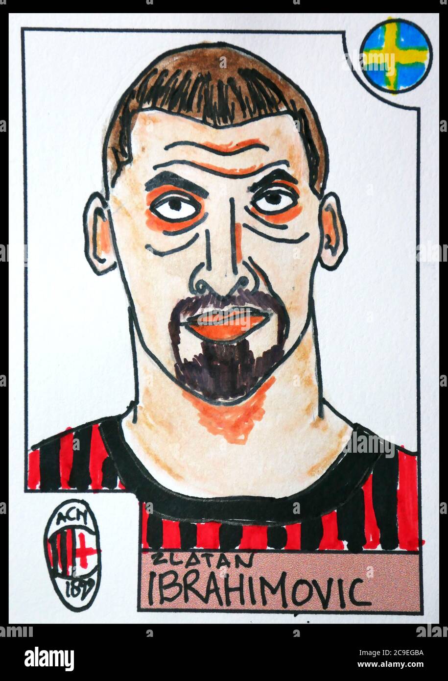 Caricatura del calciatore svedese Zlatan Ibrahimovic in AC Milan Shirt. Foto Stock