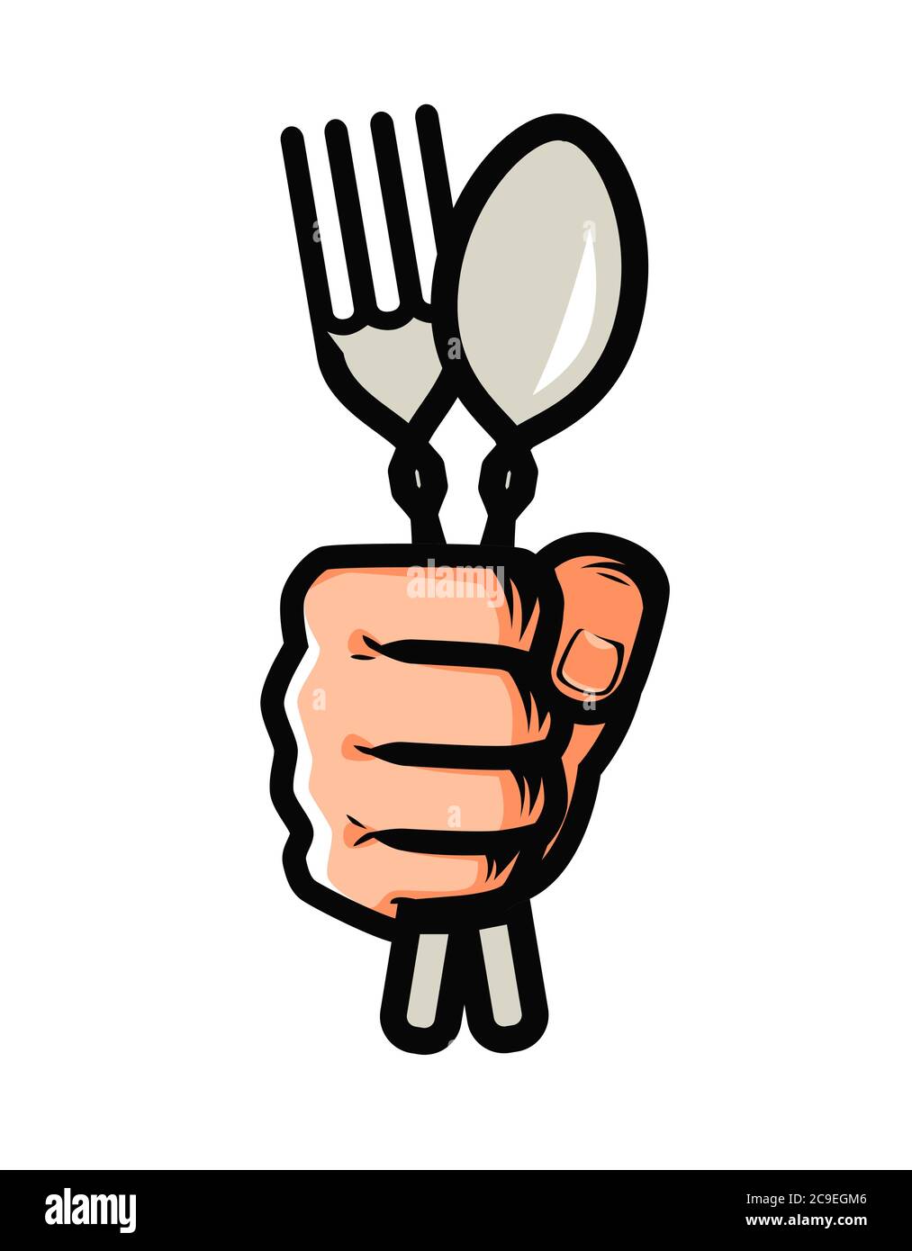 Simbolo della forcella e del cucchiaio in mano. Cucina, ristorante, concetto di cibo Illustrazione Vettoriale
